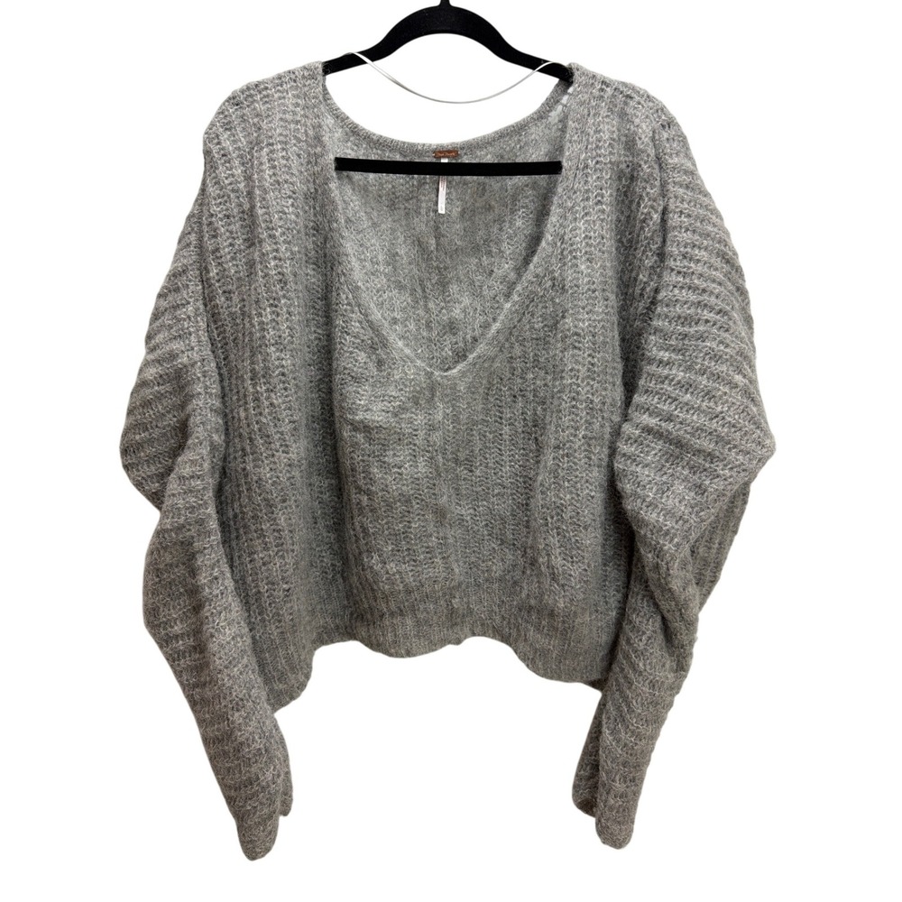 Free People Gray Moonbeam Alpaca Wool V-Neck Cropped Sweater Lightweight Size L